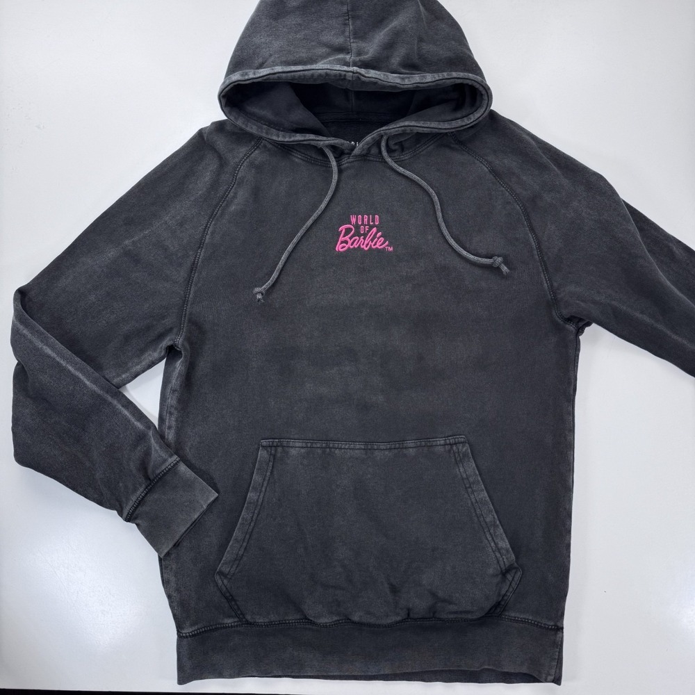 World Of Barbie Acid Wash Pullover Hoodie Sweatshirt Gray Embroidered
